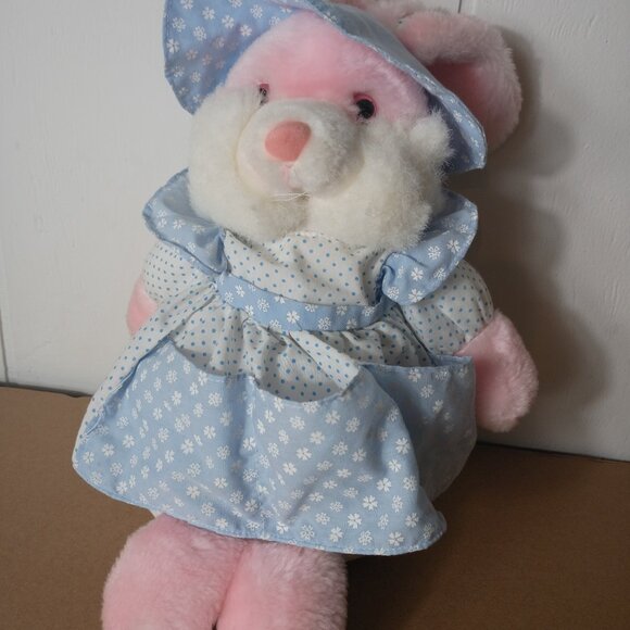 Vintage 80s Plush Easter Bunny Mom and Babies Pink Blue Polka Dot Hat Apron Set - Picture 3 of 4